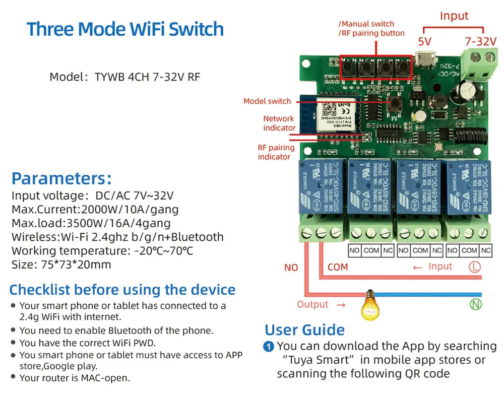 4CH Tuya Wifi Relay Smart Wireless Switch Module 4 Channel 7-32V 85-250V 220V 110V 2200W RF433 10A 4 Way Receiver For Alexa Tech Triumph Shop