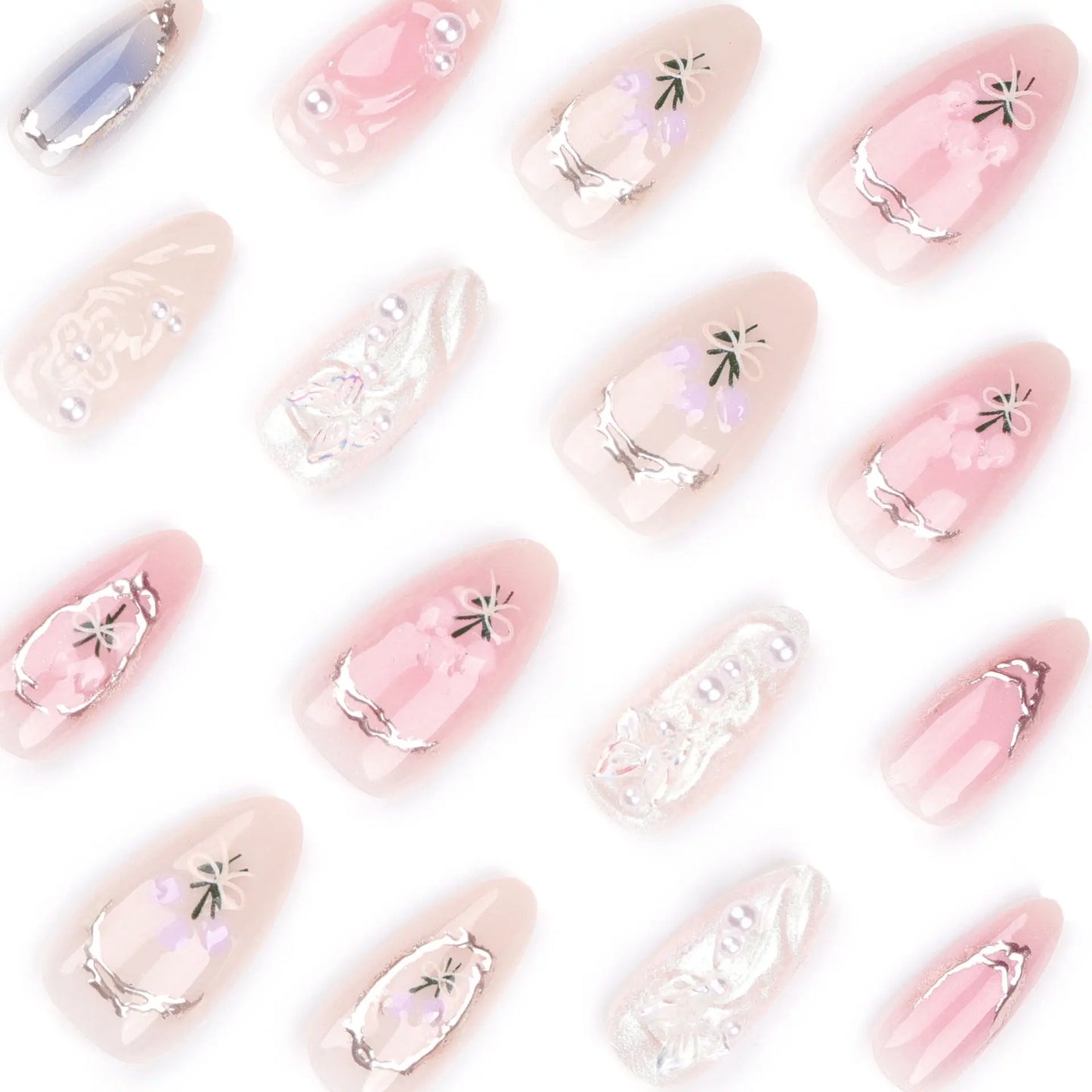 24Pcs Pink Almond False Nails Butterfly Ballet with French Design Wearable Fake Nails Simple Artificial Press on Nails Tips Art Tech Triumph Shop