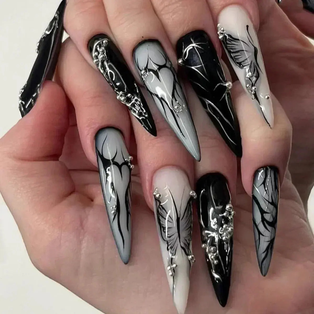 24Pcs False Nails Spicy Girl Silver Bow with Diamond Fake Nails with Glue Almond Press on Nails Black Cool Y2k Almond Nail Set Tech Triumph Shop
