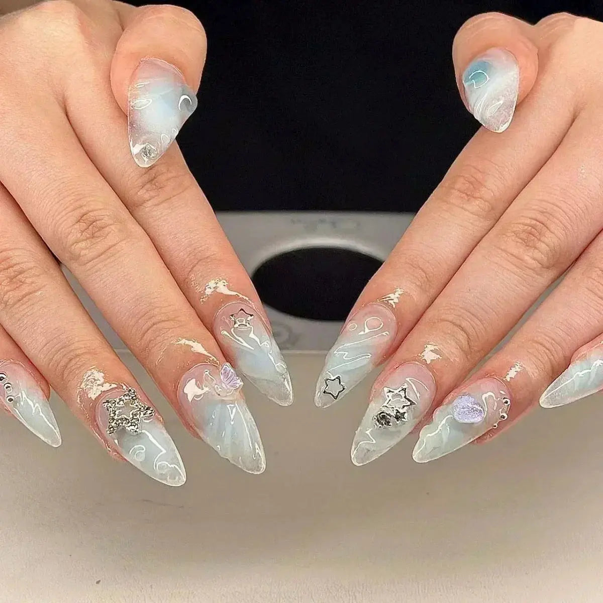 24Pcs Pink Almond False Nails Butterfly Ballet with French Design Wearable Fake Nails Simple Artificial Press on Nails Tips Art Tech Triumph Shop