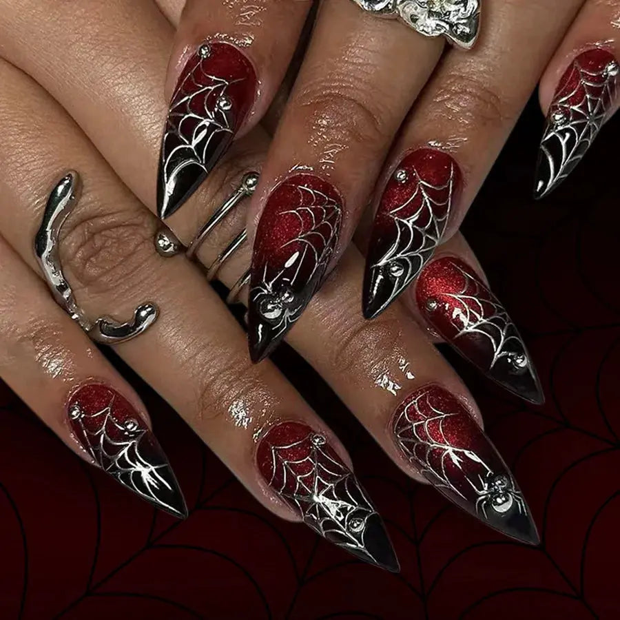 24Pcs False Nails Spicy Girl Silver Bow with Diamond Fake Nails with Glue Almond Press on Nails Black Cool Y2k Almond Nail Set Tech Triumph Shop