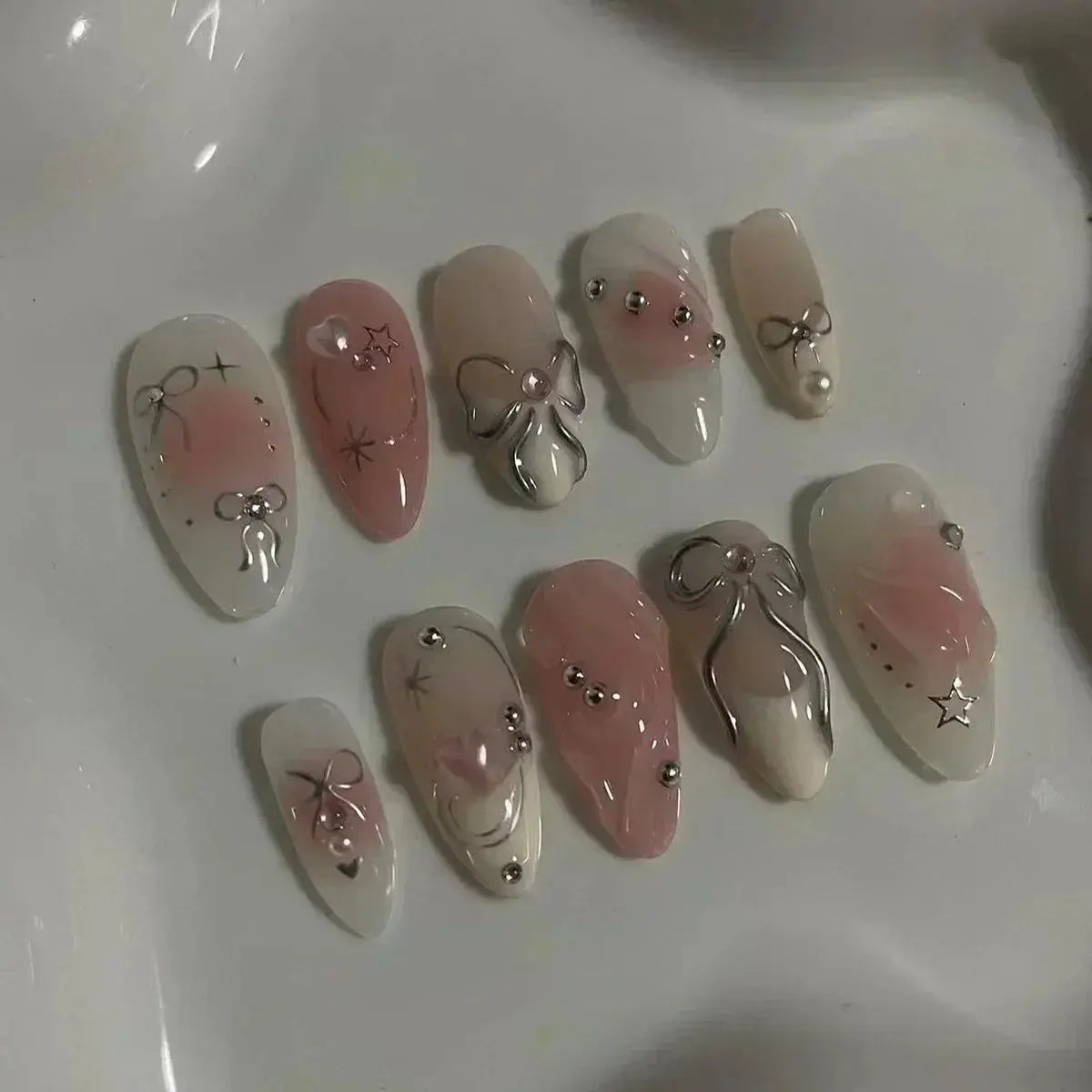 24Pcs Pink Almond False Nails Butterfly Ballet with French Design Wearable Fake Nails Simple Artificial Press on Nails Tips Art Tech Triumph Shop