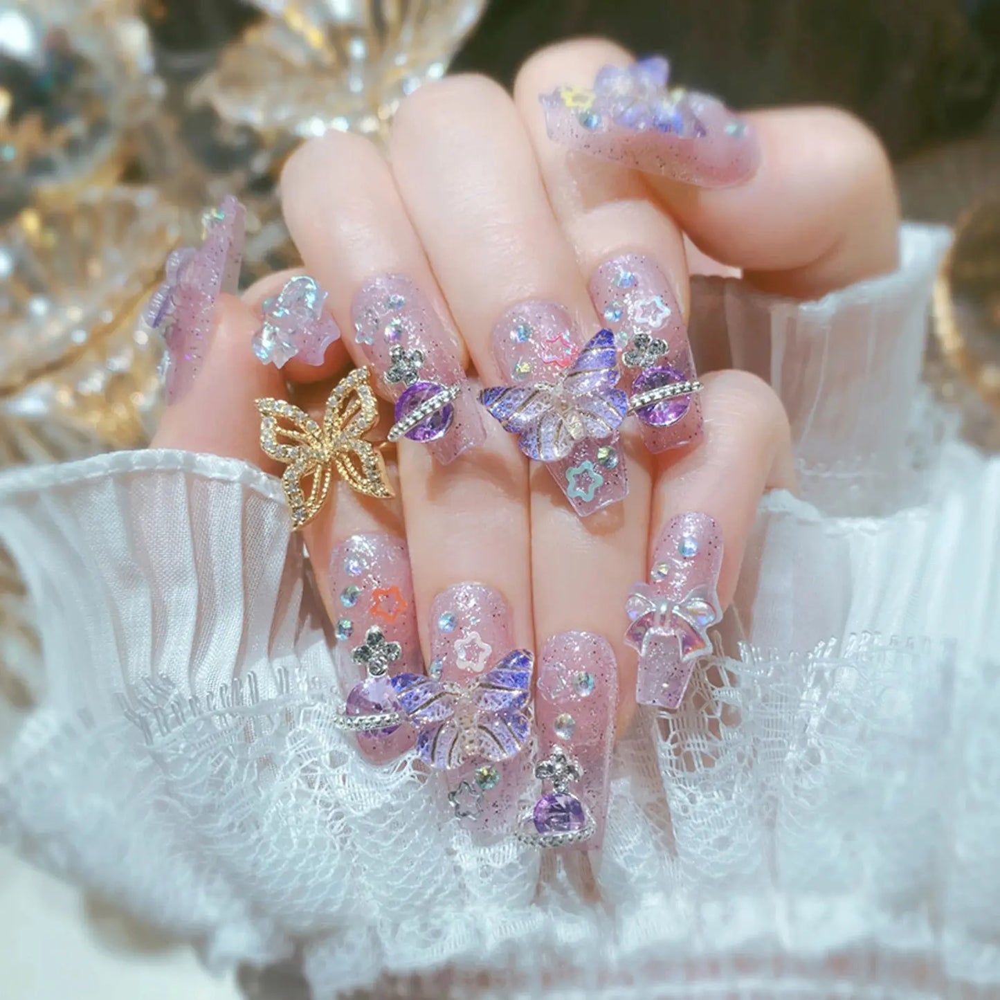 24pcs Sweet Cute Bow False Nails with Pink Crystal Design Korean Fake Nail Tips for Girl Lady Wearable Full Cover Press on Nails Tech Triumph Shop