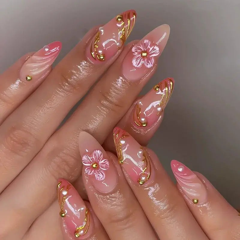 24Pcs Pink Almond False Nails Butterfly Ballet with French Design Wearable Fake Nails Simple Artificial Press on Nails Tips Art Tech Triumph Shop