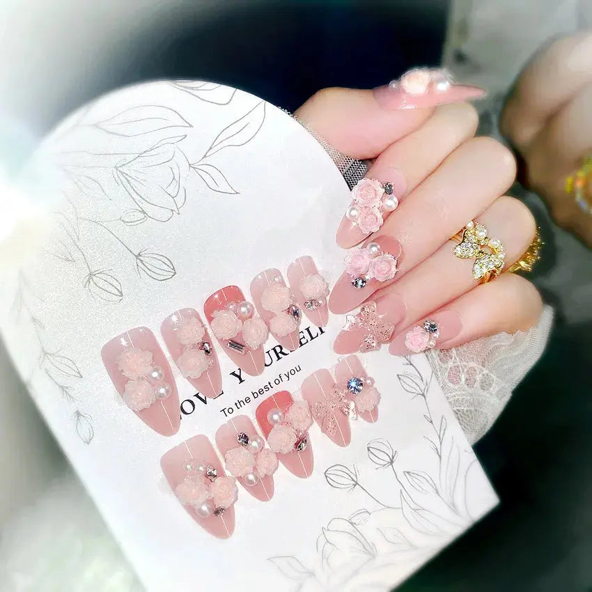 24pcs Sweet Cute Bow False Nails with Pink Crystal Design Korean Fake Nail Tips for Girl Lady Wearable Full Cover Press on Nails Tech Triumph Shop