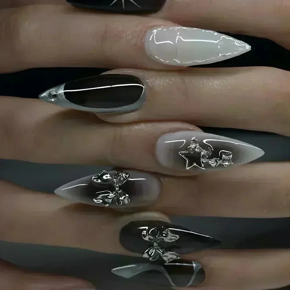 24Pcs False Nails Spicy Girl Silver Bow with Diamond Fake Nails with Glue Almond Press on Nails Black Cool Y2k Almond Nail Set Tech Triumph Shop