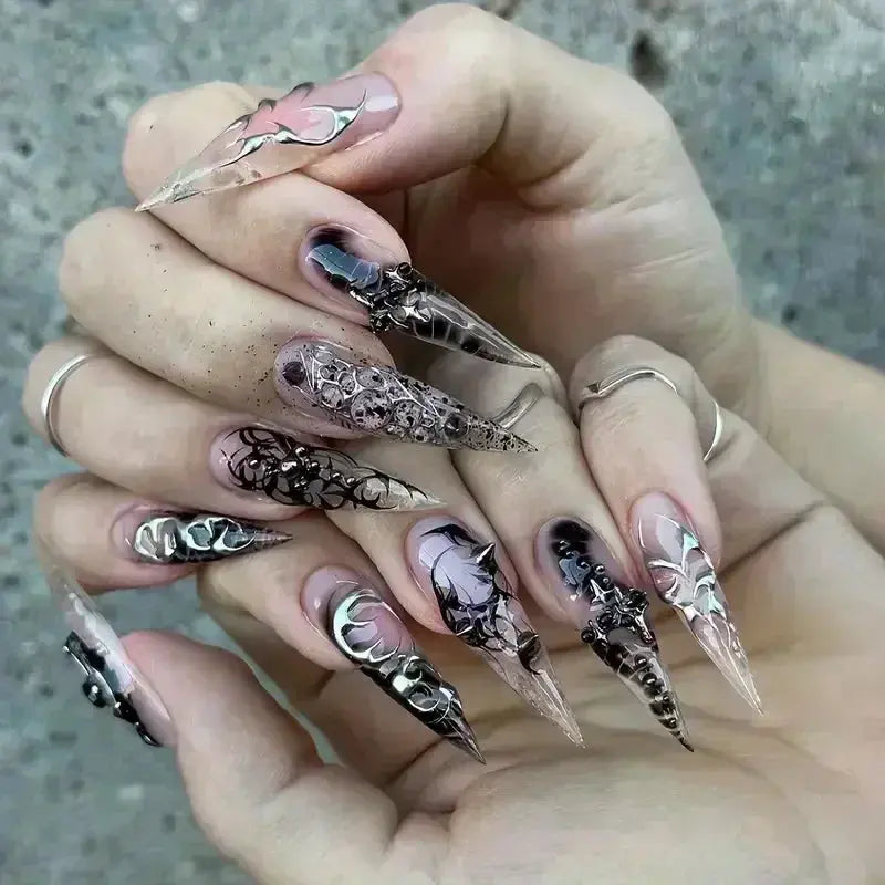 24Pcs False Nails Spicy Girl Silver Bow with Diamond Fake Nails with Glue Almond Press on Nails Black Cool Y2k Almond Nail Set Tech Triumph Shop