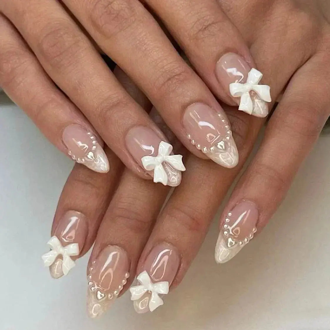 24Pcs Pink Almond False Nails Butterfly Ballet with French Design Wearable Fake Nails Simple Artificial Press on Nails Tips Art Tech Triumph Shop