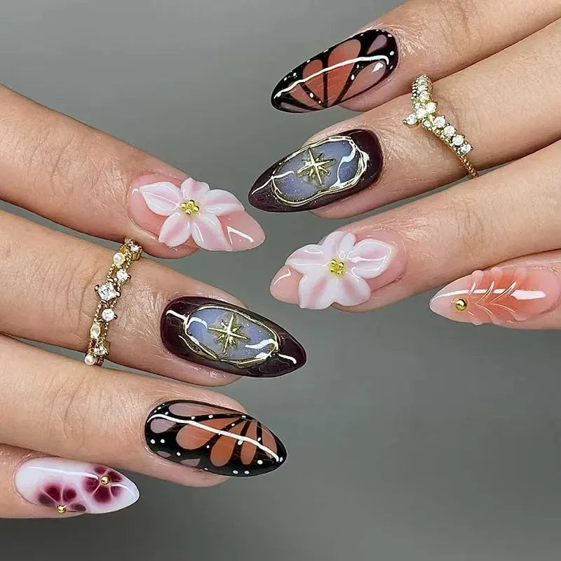 24pcs White Flower Fake Nail Tips Ins Yellow Pink Blush False Nails Wearable Full Cover European Almond Shaped Press on Nails Tech Triumph Shop