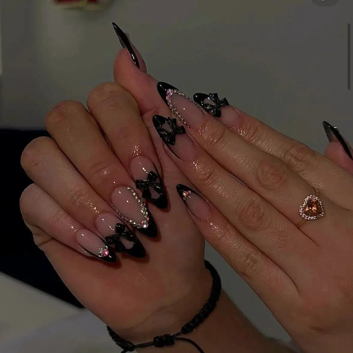 24Pcs False Nails Spicy Girl Silver Bow with Diamond Fake Nails with Glue Almond Press on Nails Black Cool Y2k Almond Nail Set Tech Triumph Shop