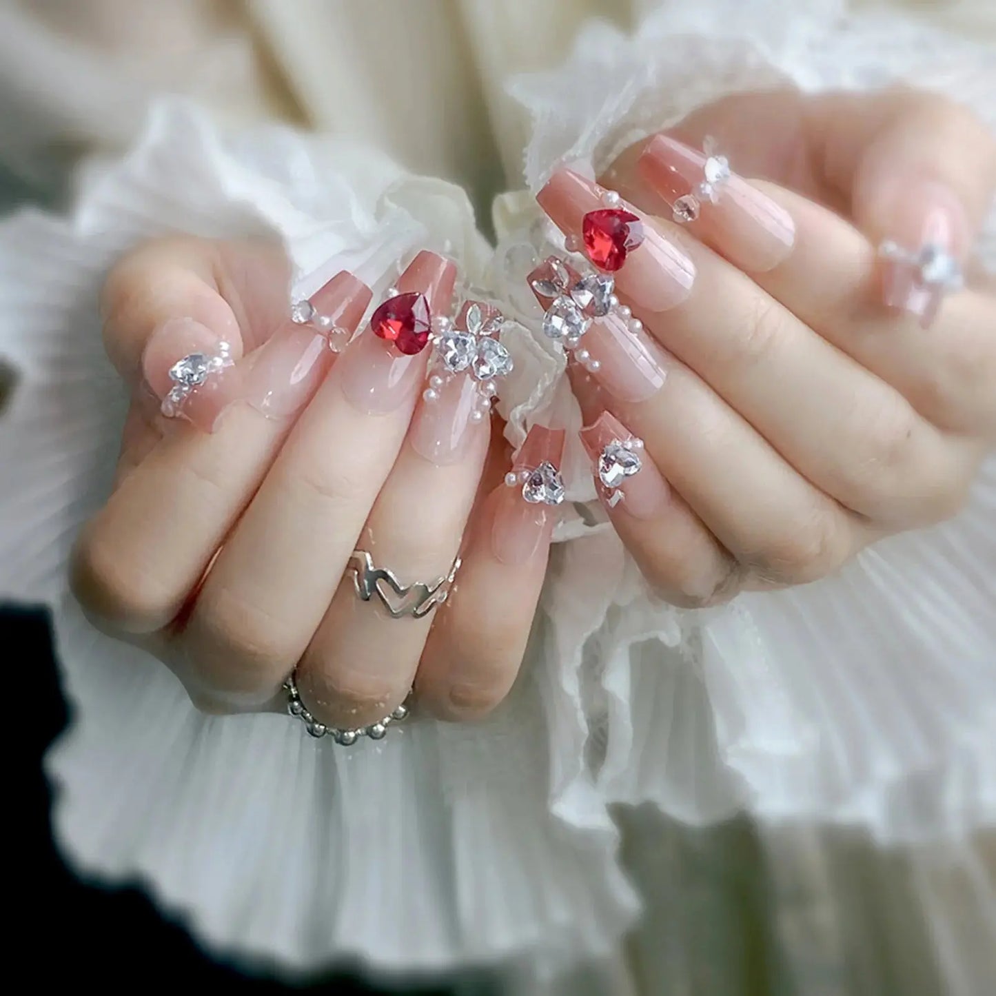 24pcs Sweet Cute Bow False Nails with Pink Crystal Design Korean Fake Nail Tips for Girl Lady Wearable Full Cover Press on Nails Tech Triumph Shop