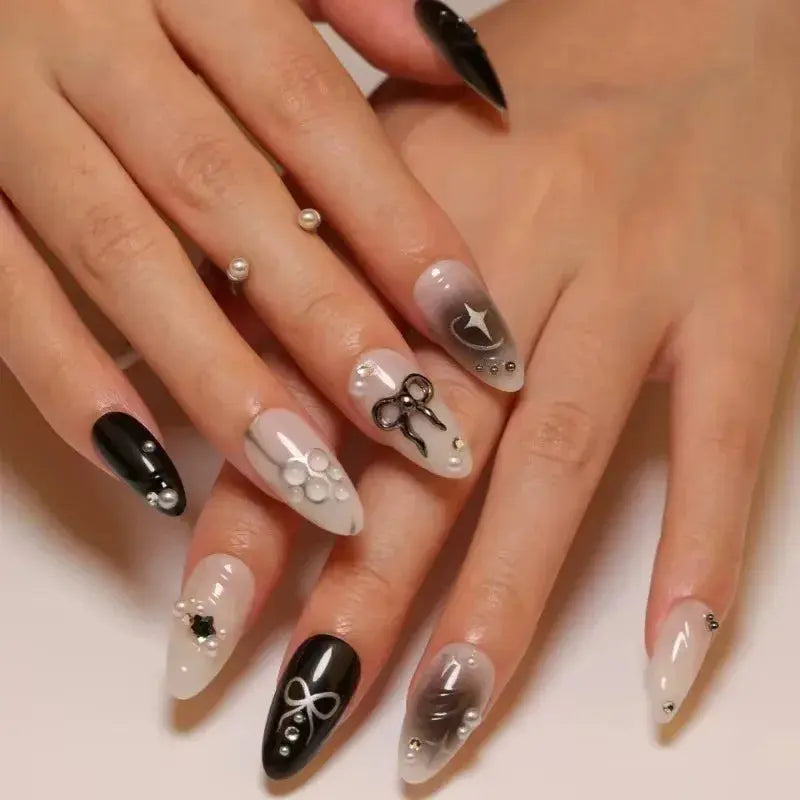 24Pcs False Nails Spicy Girl Silver Bow with Diamond Fake Nails with Glue Almond Press on Nails Black Cool Y2k Almond Nail Set Tech Triumph Shop