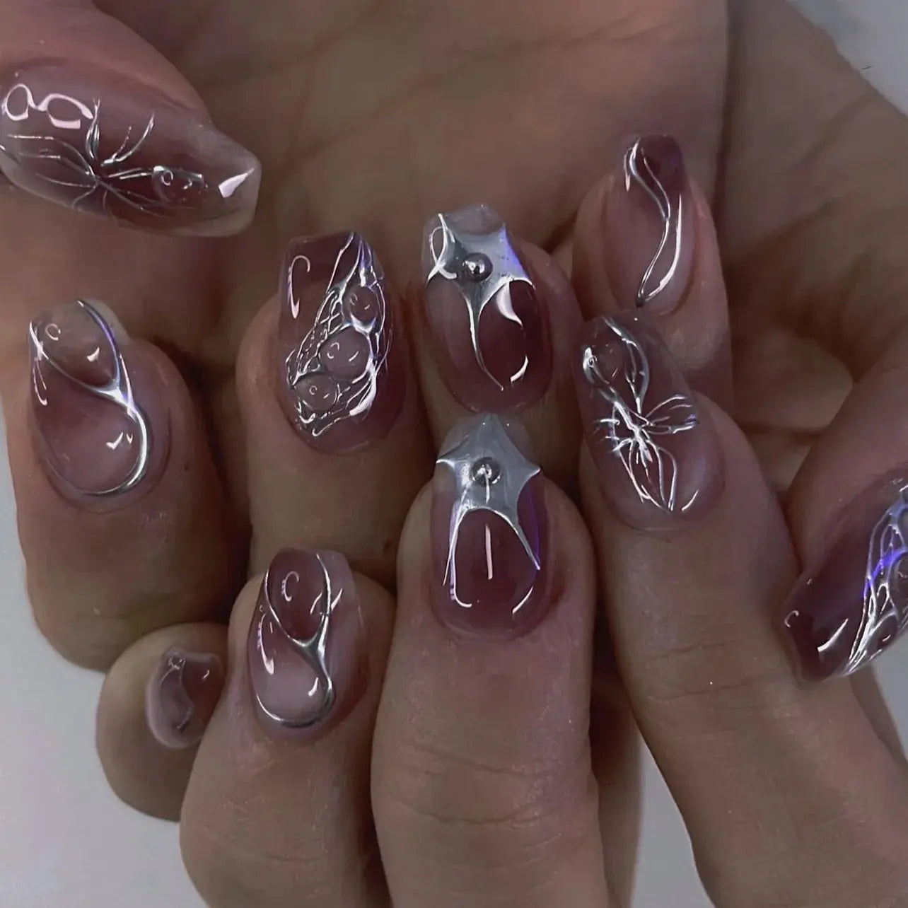 24Pcs False Nails Spicy Girl Silver Bow with Diamond Fake Nails with Glue Almond Press on Nails Black Cool Y2k Almond Nail Set Tech Triumph Shop
