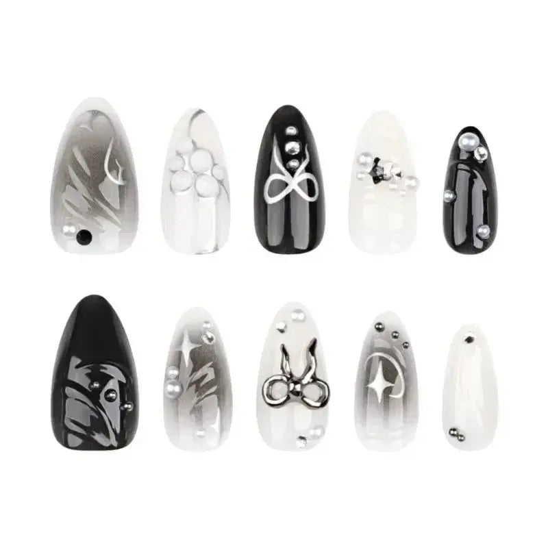 24Pcs False Nails Spicy Girl Silver Bow with Diamond Fake Nails with Glue Almond Press on Nails Black Cool Y2k Almond Nail Set Tech Triumph Shop