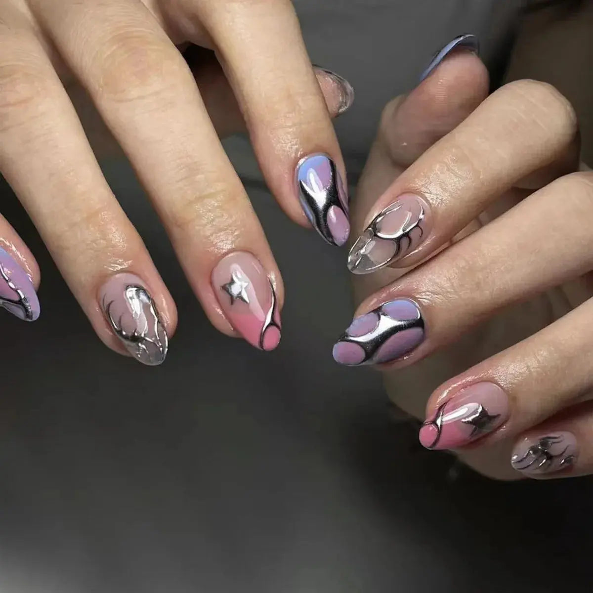 24Pcs False Nails Spicy Girl Silver Bow with Diamond Fake Nails with Glue Almond Press on Nails Black Cool Y2k Almond Nail Set Tech Triumph Shop