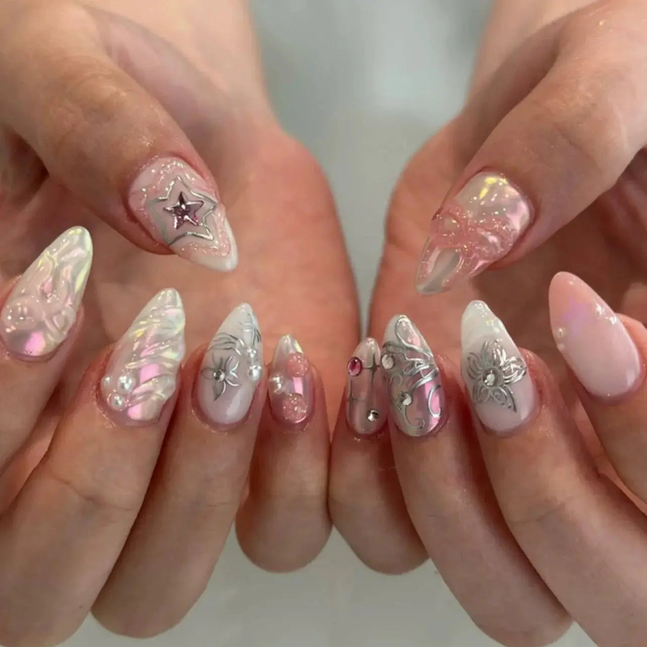24Pcs False Nails Spicy Girl Silver Bow with Diamond Fake Nails with Glue Almond Press on Nails Black Cool Y2k Almond Nail Set Tech Triumph Shop