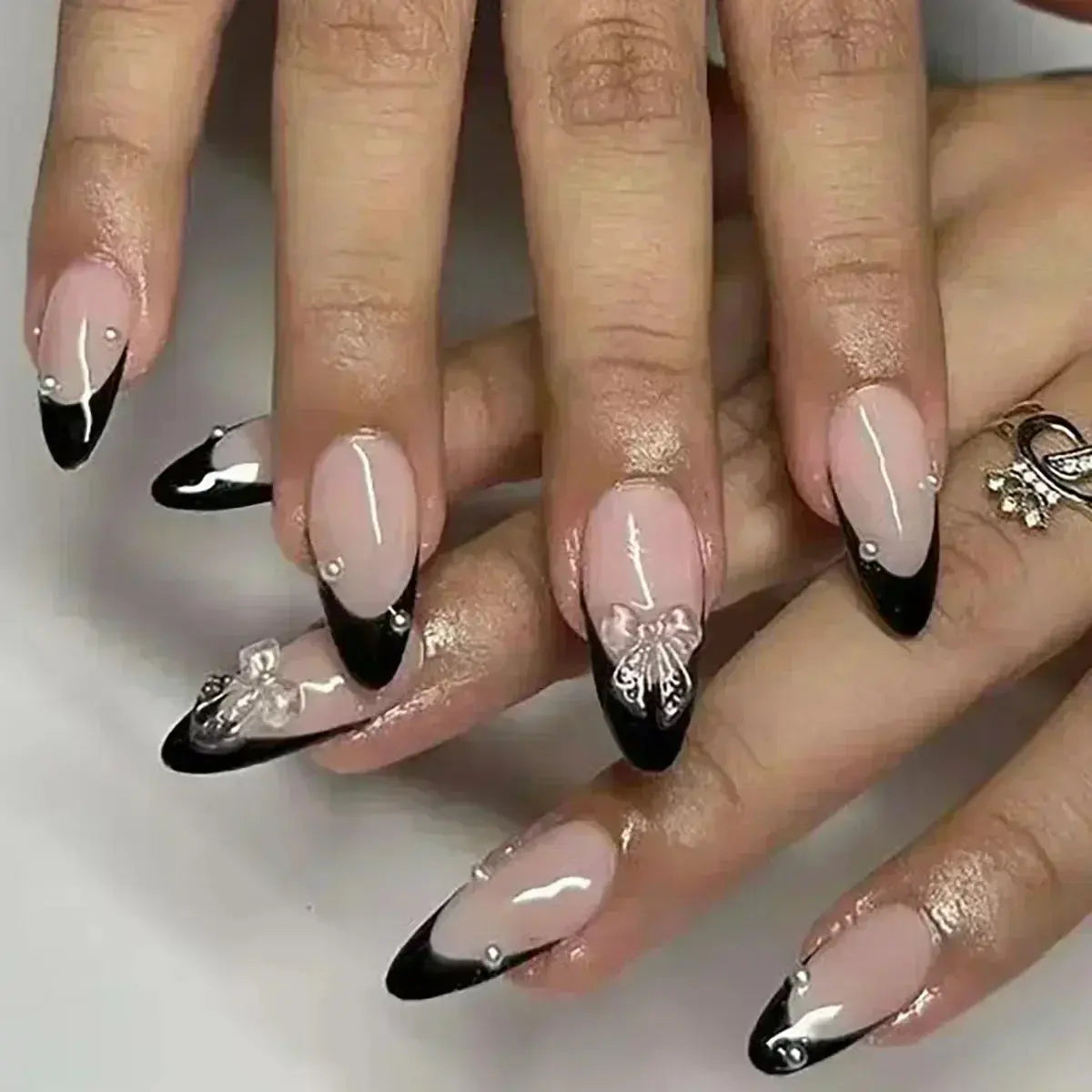 24Pcs False Nails Spicy Girl Silver Bow with Diamond Fake Nails with Glue Almond Press on Nails Black Cool Y2k Almond Nail Set Tech Triumph Shop