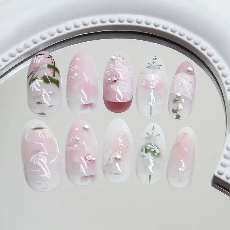 24Pcs Pink Almond False Nails Butterfly Ballet with French Design Wearable Fake Nails Simple Artificial Press on Nails Tips Art Tech Triumph Shop