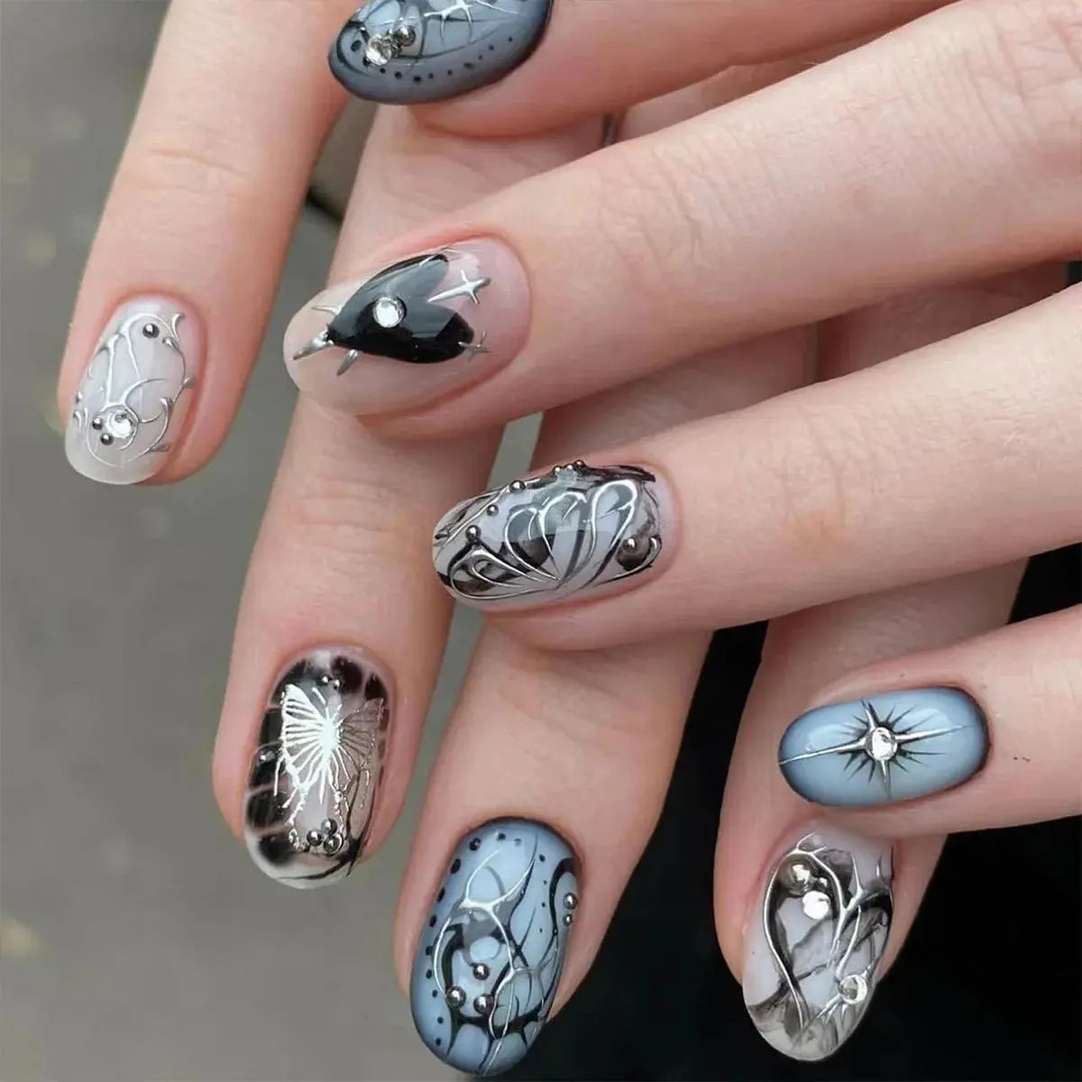 24Pcs False Nails Spicy Girl Silver Bow with Diamond Fake Nails with Glue Almond Press on Nails Black Cool Y2k Almond Nail Set Tech Triumph Shop