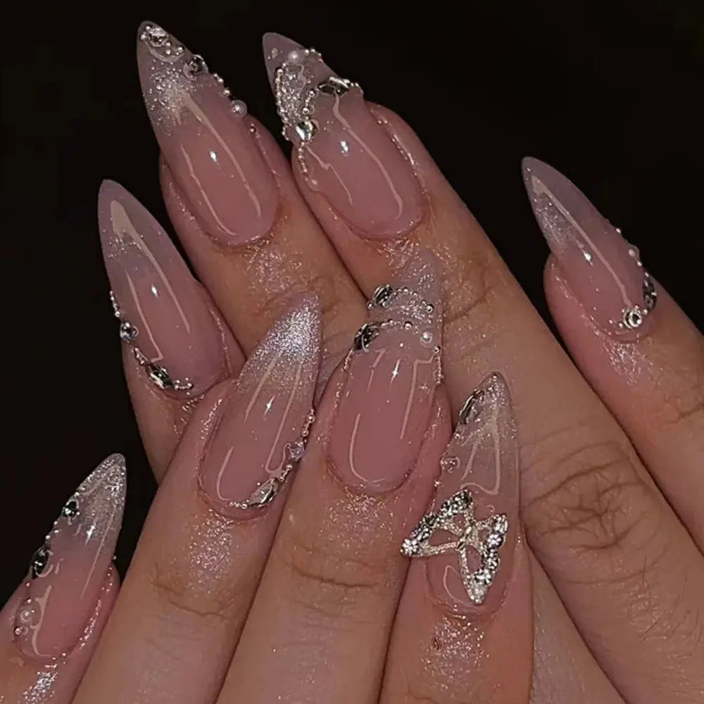 24Pcs Pink Almond False Nails Butterfly Ballet with French Design Wearable Fake Nails Simple Artificial Press on Nails Tips Art Tech Triumph Shop