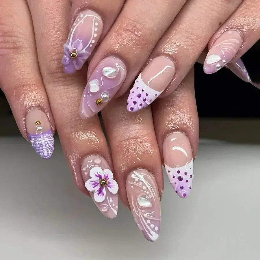 24Pcs Pink Almond False Nails Butterfly Ballet with French Design Wearable Fake Nails Simple Artificial Press on Nails Tips Art Tech Triumph Shop