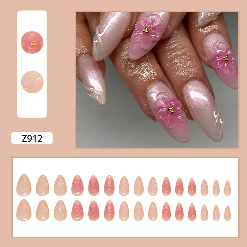 24pcs White Flower Fake Nail Tips Ins Yellow Pink Blush False Nails Wearable Full Cover European Almond Shaped Press on Nails Tech Triumph Shop