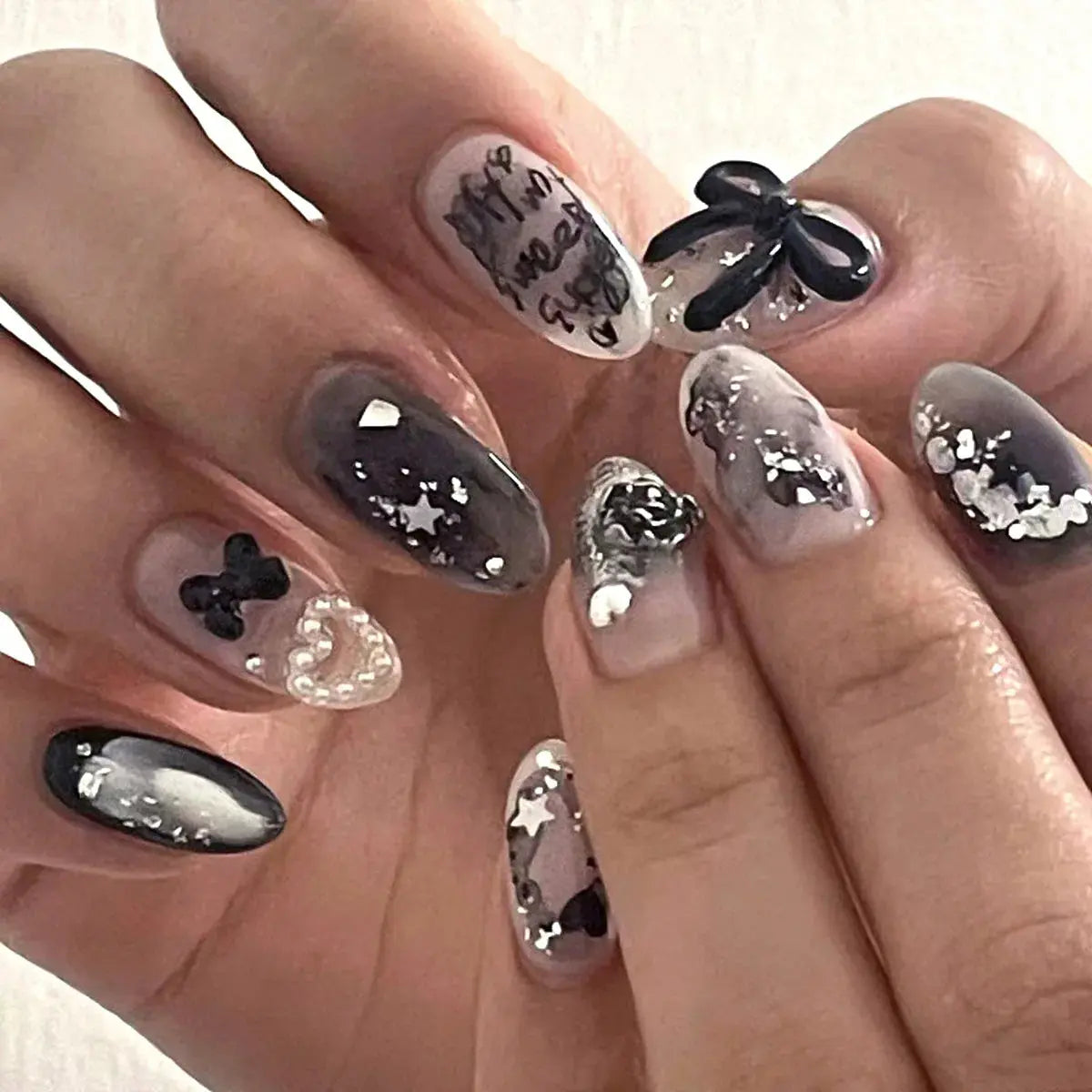 24Pcs False Nails Spicy Girl Silver Bow with Diamond Fake Nails with Glue Almond Press on Nails Black Cool Y2k Almond Nail Set Tech Triumph Shop