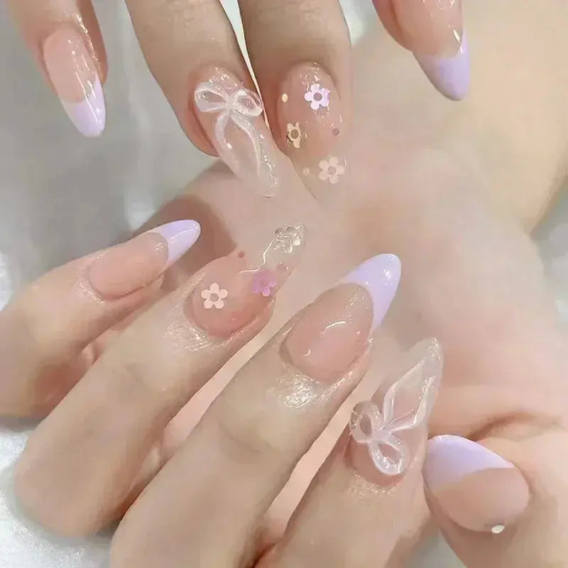 24Pcs Pink Almond False Nails Butterfly Ballet with French Design Wearable Fake Nails Simple Artificial Press on Nails Tips Art Tech Triumph Shop