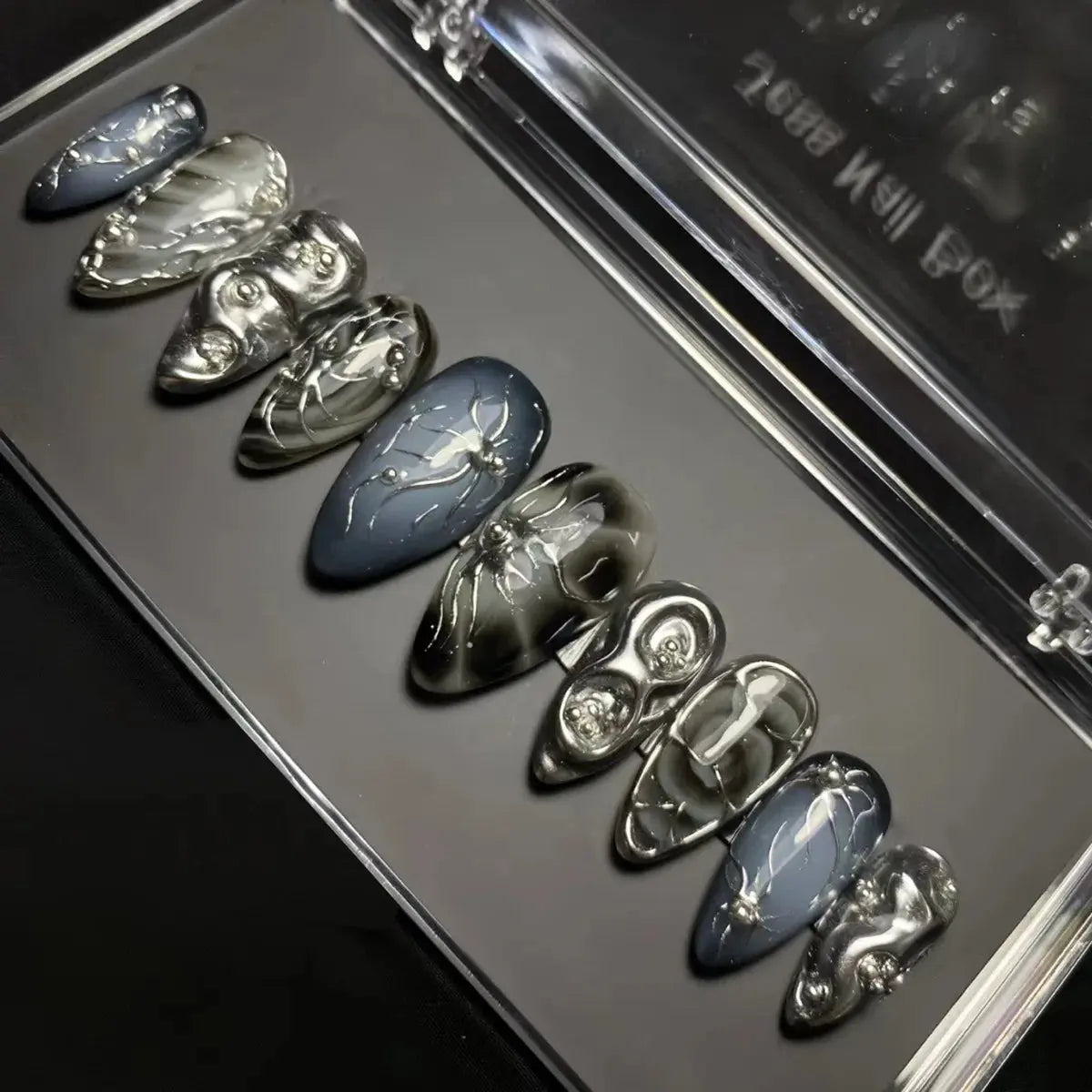 24Pcs False Nails Spicy Girl Silver Bow with Diamond Fake Nails with Glue Almond Press on Nails Black Cool Y2k Almond Nail Set Tech Triumph Shop