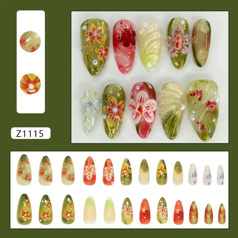 24pcs White Flower Fake Nail Tips Ins Yellow Pink Blush False Nails Wearable Full Cover European Almond Shaped Press on Nails Tech Triumph Shop