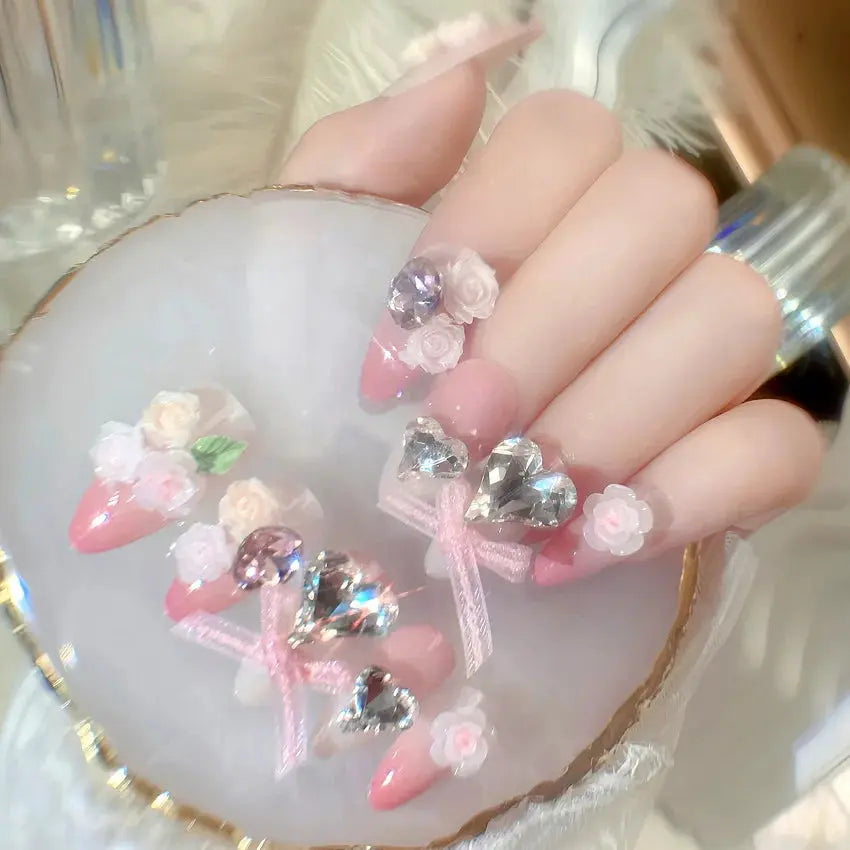 24pcs Sweet Cute Bow False Nails with Pink Crystal Design Korean Fake Nail Tips for Girl Lady Wearable Full Cover Press on Nails Tech Triumph Shop