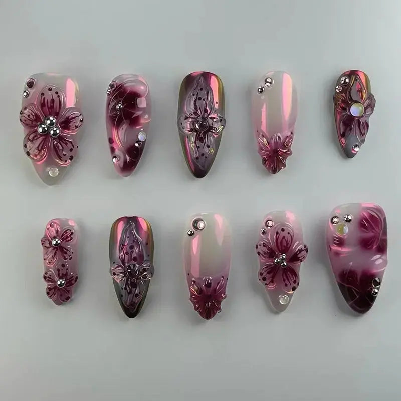 24Pcs False Nails Spicy Girl Silver Bow with Diamond Fake Nails with Glue Almond Press on Nails Black Cool Y2k Almond Nail Set Tech Triumph Shop