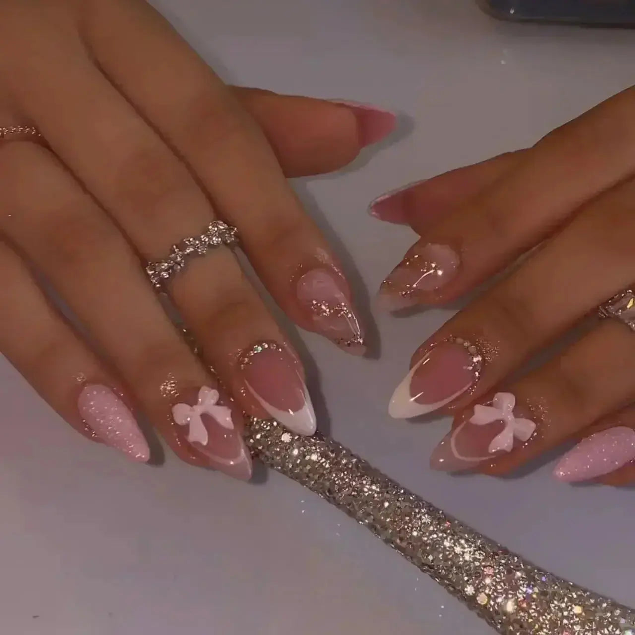24Pcs Pink Almond False Nails Butterfly Ballet with French Design Wearable Fake Nails Simple Artificial Press on Nails Tips Art Tech Triumph Shop