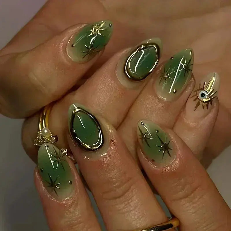 24Pcs False Nails Spicy Girl Silver Bow with Diamond Fake Nails with Glue Almond Press on Nails Black Cool Y2k Almond Nail Set Tech Triumph Shop