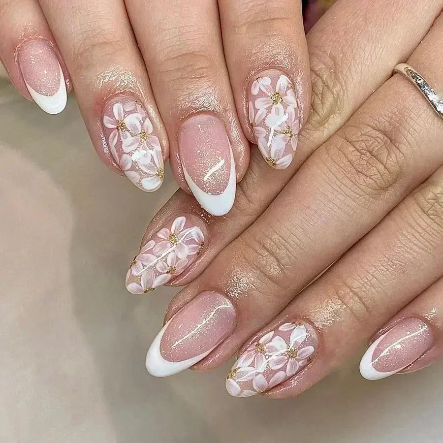 24Pcs Pink Almond False Nails Butterfly Ballet with French Design Wearable Fake Nails Simple Artificial Press on Nails Tips Art Tech Triumph Shop