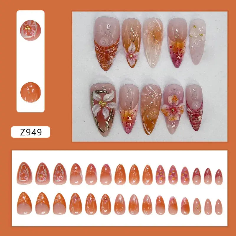 24pcs White Flower Fake Nail Tips Ins Yellow Pink Blush False Nails Wearable Full Cover European Almond Shaped Press on Nails Tech Triumph Shop