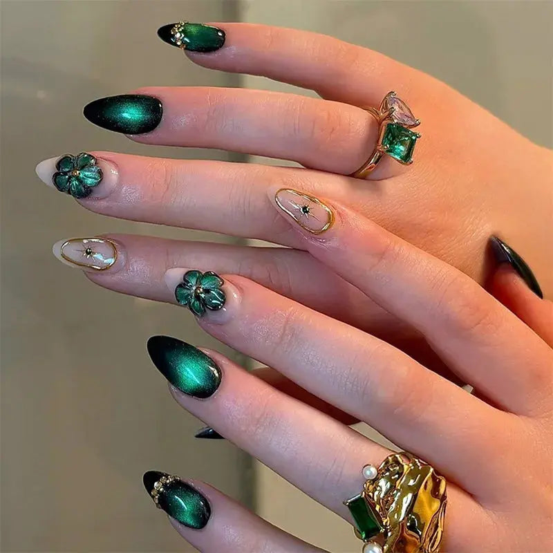 24Pcs False Nails Spicy Girl Silver Bow with Diamond Fake Nails with Glue Almond Press on Nails Black Cool Y2k Almond Nail Set Tech Triumph Shop