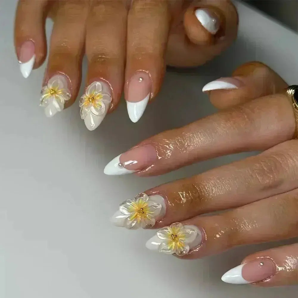 24Pcs Pink Almond False Nails Butterfly Ballet with French Design Wearable Fake Nails Simple Artificial Press on Nails Tips Art Tech Triumph Shop