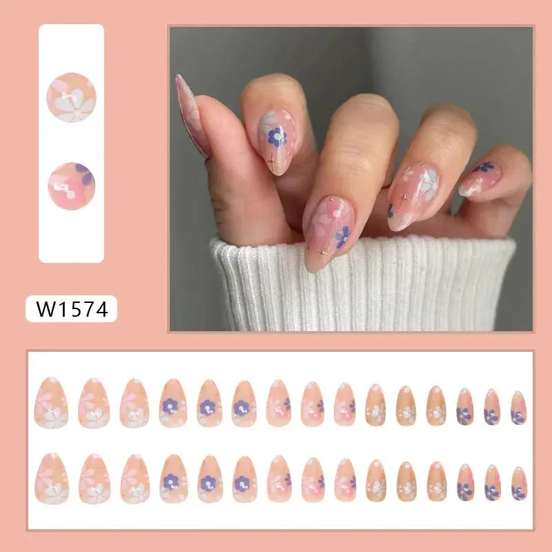 24pcs White Flower Fake Nail Tips Ins Yellow Pink Blush False Nails Wearable Full Cover European Almond Shaped Press on Nails Tech Triumph Shop