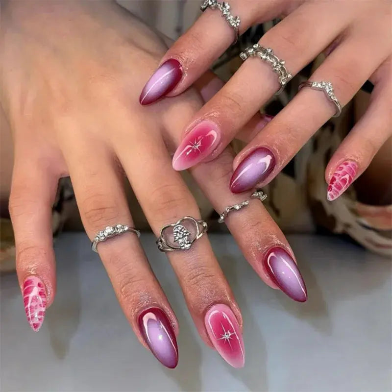 24Pcs False Nails Spicy Girl Silver Bow with Diamond Fake Nails with Glue Almond Press on Nails Black Cool Y2k Almond Nail Set Tech Triumph Shop