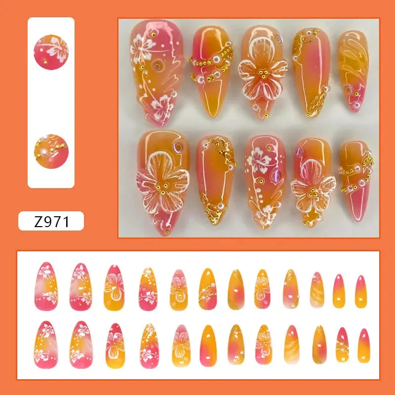 24pcs White Flower Fake Nail Tips Ins Yellow Pink Blush False Nails Wearable Full Cover European Almond Shaped Press on Nails Tech Triumph Shop