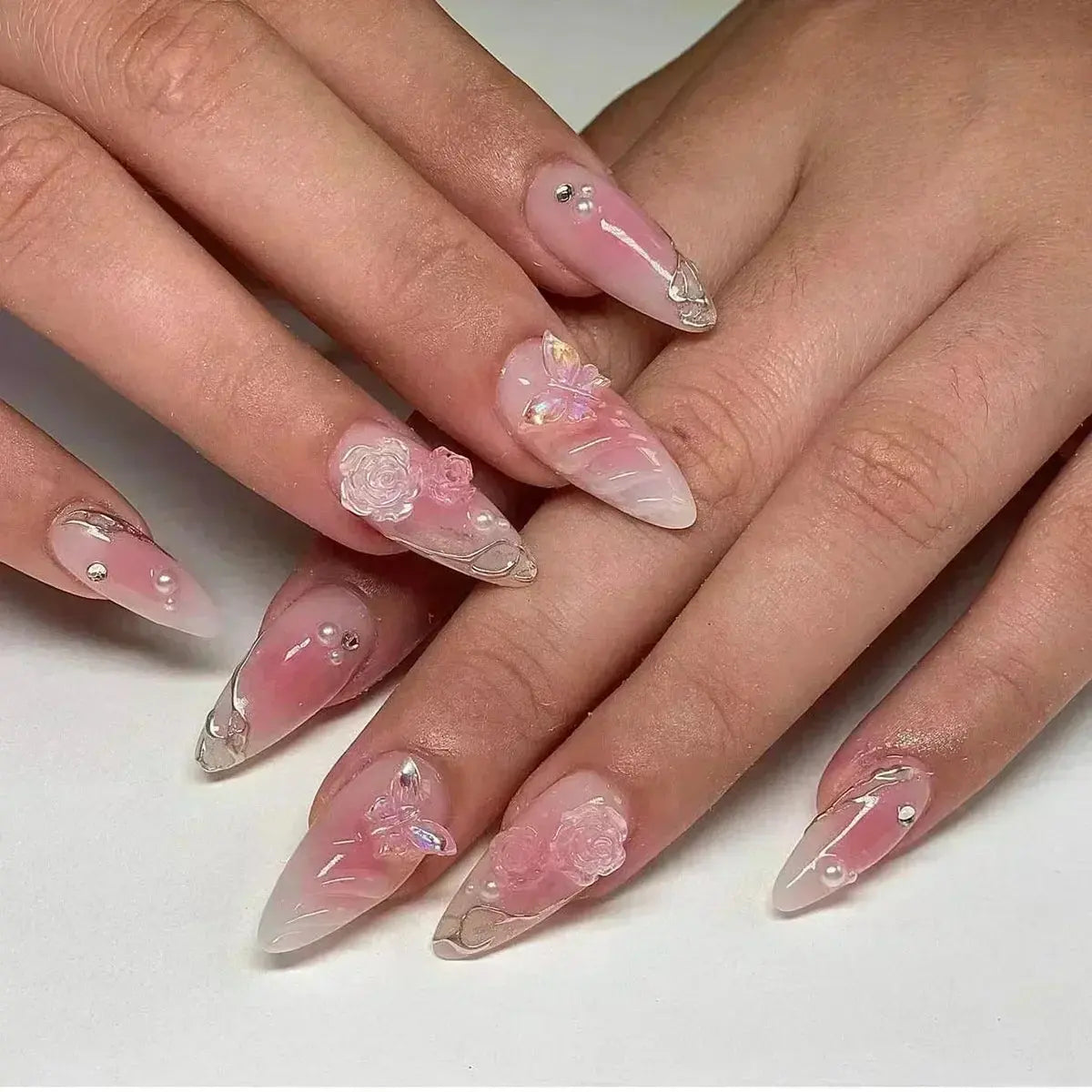 24Pcs Pink Almond False Nails Butterfly Ballet with French Design Wearable Fake Nails Simple Artificial Press on Nails Tips Art Tech Triumph Shop
