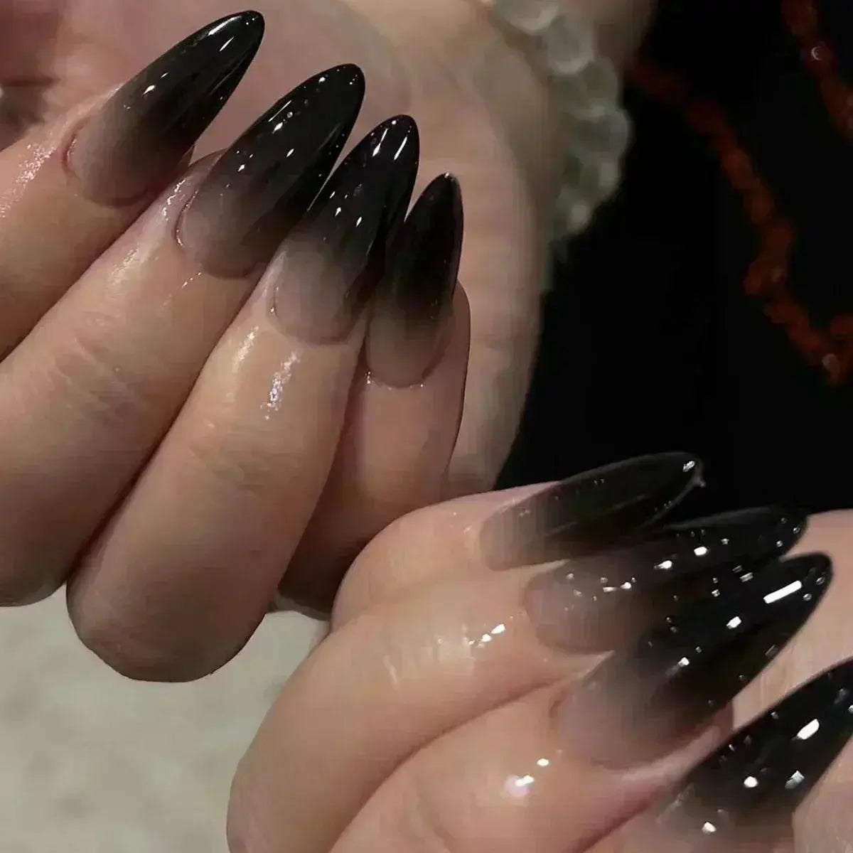 24Pcs False Nails Spicy Girl Silver Bow with Diamond Fake Nails with Glue Almond Press on Nails Black Cool Y2k Almond Nail Set Tech Triumph Shop