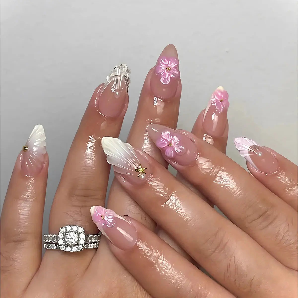 24Pcs Pink Almond False Nails Butterfly Ballet with French Design Wearable Fake Nails Simple Artificial Press on Nails Tips Art Tech Triumph Shop