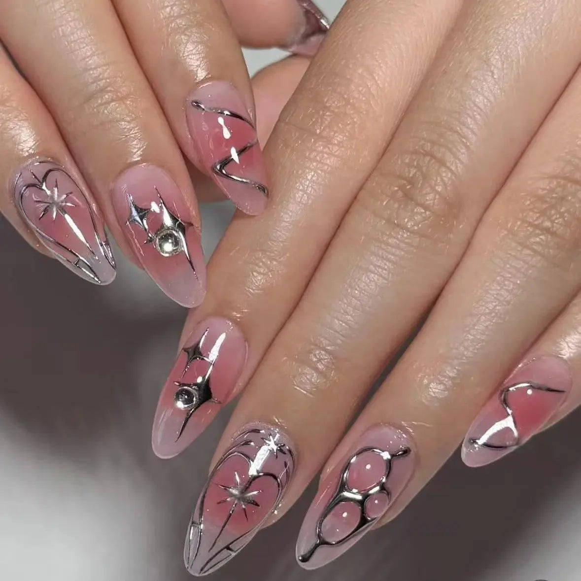 24Pcs False Nails Spicy Girl Silver Bow with Diamond Fake Nails with Glue Almond Press on Nails Black Cool Y2k Almond Nail Set Tech Triumph Shop