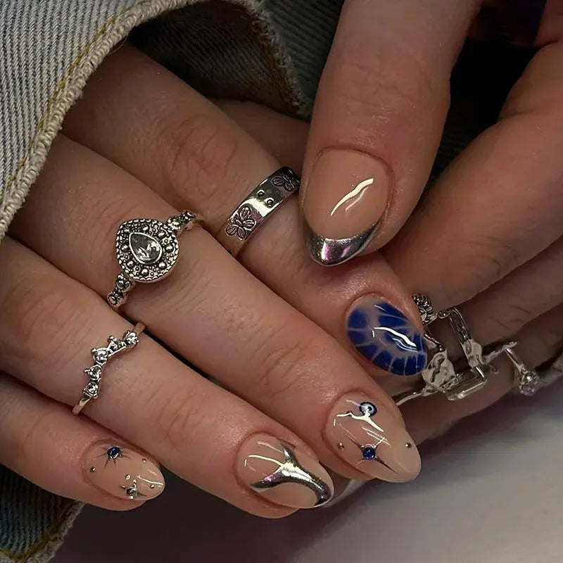 24Pcs False Nails Spicy Girl Silver Bow with Diamond Fake Nails with Glue Almond Press on Nails Black Cool Y2k Almond Nail Set Tech Triumph Shop