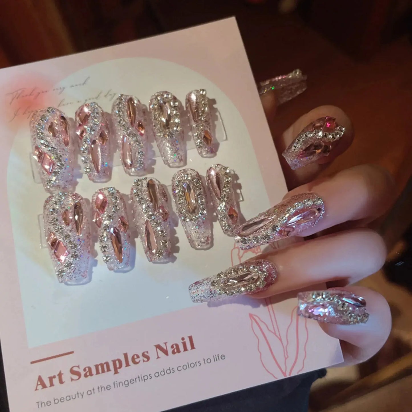 24pcs Sweet Cute Bow False Nails with Pink Crystal Design Korean Fake Nail Tips for Girl Lady Wearable Full Cover Press on Nails Tech Triumph Shop