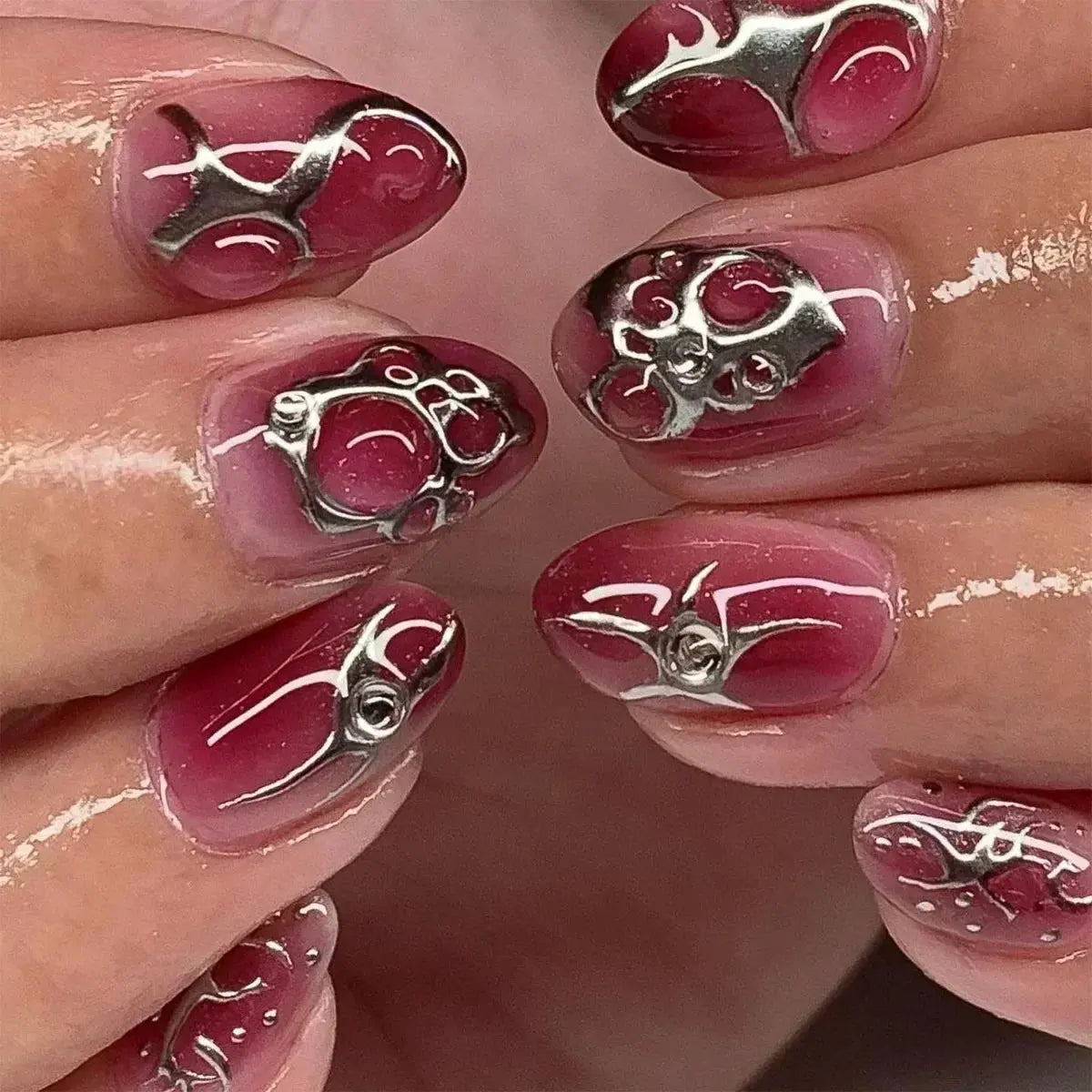 24Pcs False Nails Spicy Girl Silver Bow with Diamond Fake Nails with Glue Almond Press on Nails Black Cool Y2k Almond Nail Set Tech Triumph Shop