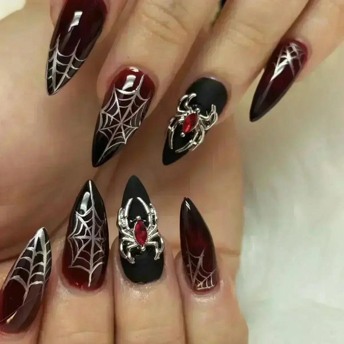 24Pcs False Nails Spicy Girl Silver Bow with Diamond Fake Nails with Glue Almond Press on Nails Black Cool Y2k Almond Nail Set Tech Triumph Shop