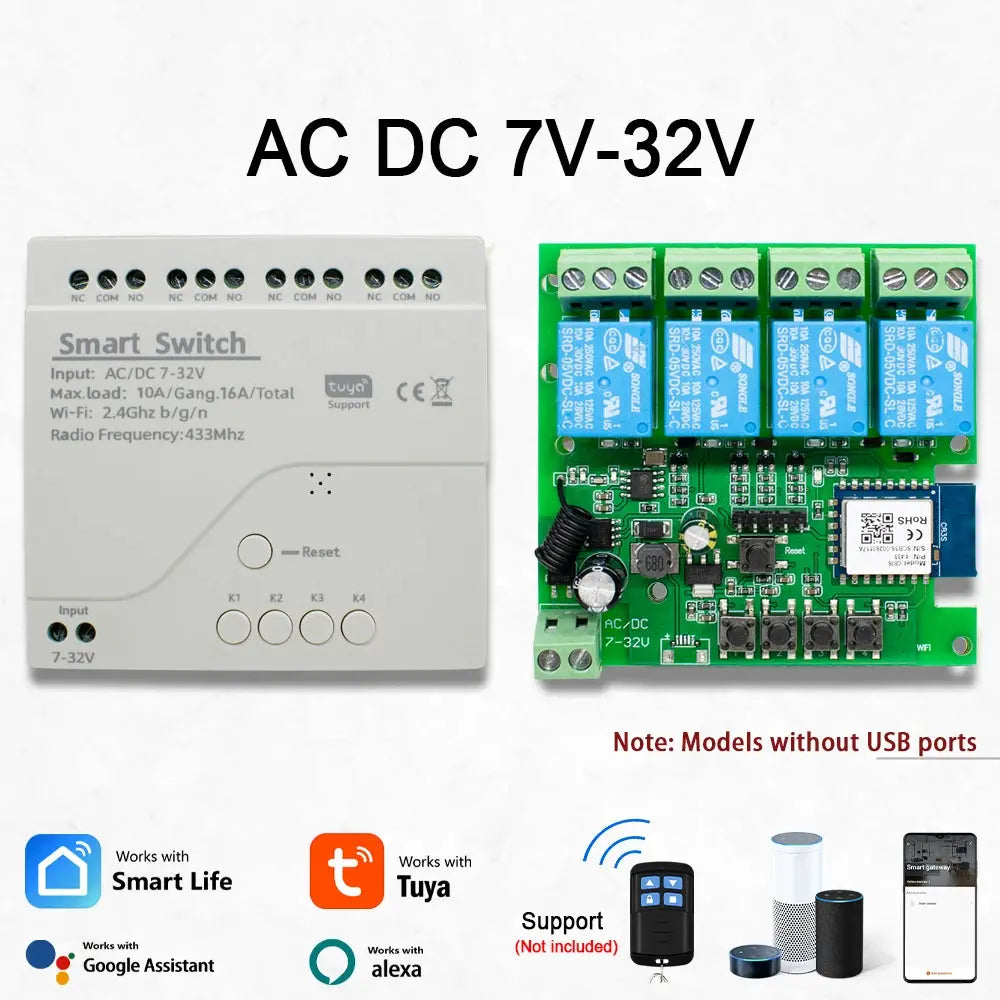 4CH Tuya Wifi Relay Smart Wireless Switch Module 4 Channel 7-32V 85-250V 220V 110V 2200W RF433 10A 4 Way Receiver For Alexa Tech Triumph Shop